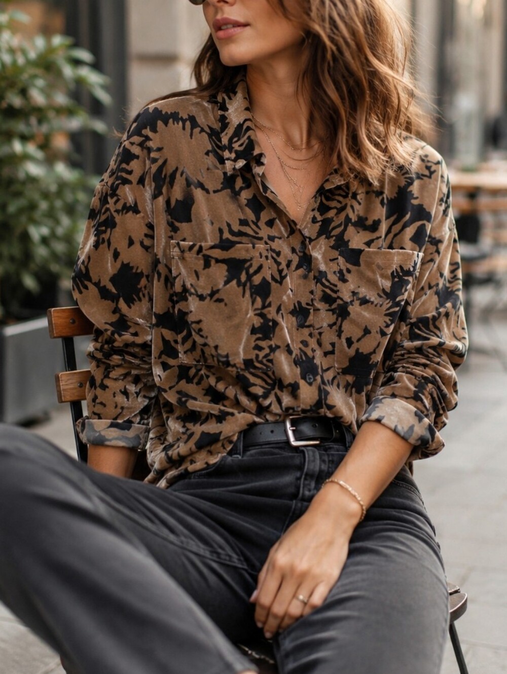 Papillon Blanc Brown & Black Abstract Floral Button-Down Shirt Velvet Burn-out